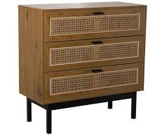 DRW Cómoda con 3 cajones de Madera DM, Mimbre y Metal en Natural y Negro 80x35x80cm
