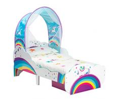 Hello Home Cama Infantil de Unicornio y Arco Iris con Dosel y cajón, Madera, Tamaño aproximado: cm (Altura) x 77 cm (Anchura) x 143 cm (Fondo)