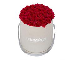 Relaxdays Rosas Artificiales en Caja Gris Redonda, 34 Unidades, Ramo Decorativo, Flower Box, Cartón-Tela-PP, Rojo