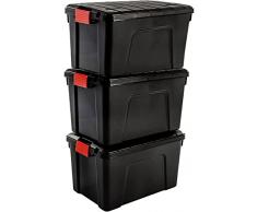 Iris Ohyama Store It All - SIA-60, Caja de almacenamiento de bricolaje apilable, plastico, 60L, Negro/Rojo, 59 x 39,5 x 35,5 cm, Lote de 4
