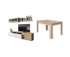 Habitdesign Mueble De Salón Comedor Moderno, Roble, Blanco Brillo Canadian + 004586F - Mesa de Comedor Extensible de 140 a 190 cm, Color Roble Canadian