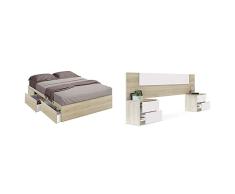 Habitdesign 006088F Cama con 4 Cajones para Somier De 150X190, Roble Canadian, 156 X 196 X 37 Cm + 016075F - Cabezal Y Mesitas De Noche, Acabado En Color Roble Canadian Y Blanco Artik