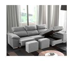 SHIITO - Sofá de 3 Plazas y Chaise Longue Derecha - 95 x 90/160 x 250 cm - Modelo Kenia - Arcón Interior - con Asientos y Cabezales Reclinables - Gris