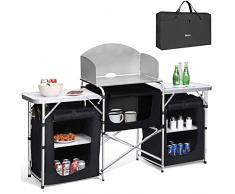 BAKAJI Mesa de Camping Plegable con Organizado Cocina de Camping Armario de Tela y Marco de Aluminio para Fiesta Picnic Exterior