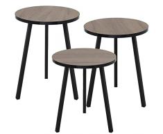DRW Set de 3 mesas auxiliares Redondas de Madera y Metal en Negro y Natural 38x51cm, 38x48cm y 38x45cm