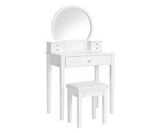 VASAGLE Juego de tocador con Espejo, Mesa de Maquillaje Moderna con Taburete Acolchado y 5 cajones, 70 x 40 x 134 cm, Idea de Regalo, Blanco RDT152W01