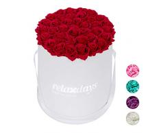 Relaxdays Rosas Artificiales en Caja Blanca Redonda, 34 Unidades, Ramo Decorativo, Flower Box, Cartón-Tela-PP, Rojo