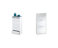 Habitdesign Comoda 5 Cajones, Sinfonier Dormitorio, Modelo Tekkan + Zapatero 3 Puertas, Zapatero Estrecho, Acabado En Color Blanco Brillo, Medidas: 60 Cm (Ancho) X 113 Cm (Alto) X 22 Cm (Fondo)