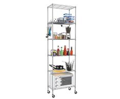 BATHWA Estantería de Alambre de Metal con Ruedas, 6 Niveles, Altura Ajustable, con Gancho, 29 x 54 x 175 cm, Color Plateado