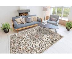 One Couture Oriental Franja Alfombra Bordura Voluta Ornamento Patrón Beige Blanco Rojo - Beige, 140cm x 200cm