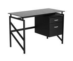 Flash Muebles Escritorio con Dos cajón Pedestal, Metal, Cristal Negro/Marco Negro, 124.46 X 64,77 x 14.61 cm