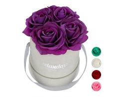 Relaxdays Rosas Artificiales en Caja Gris Redonda, 4 Unidades, Ramo Decorativo, Flower Box, Cartón-Tela-PP, Morado