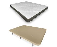 DUÉRMETE ONLINE - Cama Completa con Colchón Fresh Reversible + Base Tapizada Reforzada Color Beige con 6 Patas Metálicas Roscadas, 135 x 190