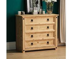 Home Discount Corona - Cómoda de 4 cajones con Madera Maciza de Pino Mexicano y Acabado Encerado.