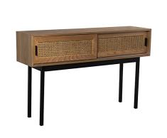 DRW Mesa de Entrada con 2 Puertas correderas de Madera DM, Mimbre y Metal en Natural y Negro 120x30x75cm