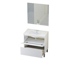 BAIKAL Conjunto Mueble de Baño con Lavabo y Espejo, con Patas, en Varios Acabados, Melamina 16. Puerta + Cajón 80 cm Blanco