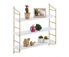 Relaxdays Estantería de Pared 60 x 60 x 15 cm, estantería Flotante con 3 estantes, MDF y Hierro, Estante Colgante para salón, Color Blanco y Dorado