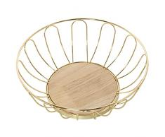 DRW Frutero Redondo de Metal con Bade de Madera en Dorado y Natural 28x10cm, Base 16,5cm