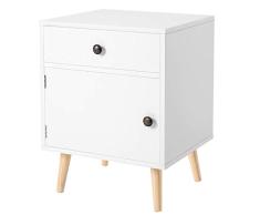 VASAGLE Mesita de Noche, Mesa Auxiliar con 1 Cajón y 1 Armario de Almacenamiento, con Patas de Madera de Pino, para Dormitorio, Salón, Oficina, Blanco LET073W01