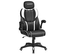 SONGMICS Silla de Oficina, Silla Gaming Ergonómica, Mecanismo de Inclinación, Apoyabrazos Plegables, Ruedas Autoblocantes, Altura Ajustable, Silla Racing, Blanco y Negro OBG065W01