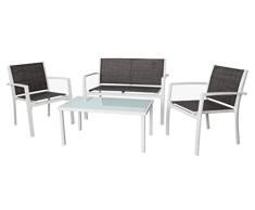 Gardenia Juego de Muebles de jardín 4 Piezas salón de Exterior con Banco 2 plazas 2 sillones y Mesa de Acero, Metal Vidrio Cristal, Estructura Blanca-Textilene marrón