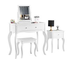 CARME Sorrento – Tocador Blanco y Mesa Auxiliar con cajón, Asas de Oro Rosa, Espejo con Luces LED, Juego de 4 Piezas de Muebles de Maquillaje para Dormitorio