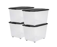 Iris Ohyama, Caja de almacenajeen, Caja de almacenaje Multifunción, lote de 4 Cajas de plástico 60 L, Tapa, Asa ergonómica, Ático, Habitación - Top Box Roller TBR-60 - Negro