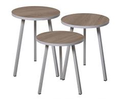 DRW Set de 3 mesas auxiliares Redondas de Madera y Metal en Blanco y Natural 38x51cm, 38x48cm y 38x45cm