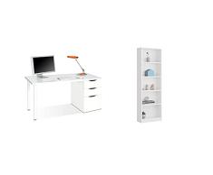 Habitdesign Mesa Ordenador Reversible con 2 Cajones Y 1 Puerta, Mesa Despacho, Escritorio + Estantería Juvenil 6 Baldas, Librería Vertical, Modelo I-Joy