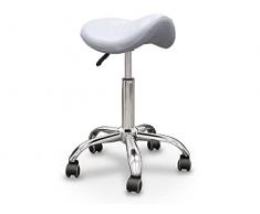 QUIRUMED Taburete Pony, Base cromada con 5 Ruedas, Color Plata, Ergonómico, Ligero, Altura Regulable, Relleno de Alta Densidad, Polipiel, hasta 150 kg