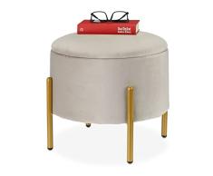 Relaxdays Taburete de Terciopelo con Espacio de Almacenamiento, Taburete Redondo, Patas de Metal, Elegante Taburete de Terciopelo, Altura 39,5 x 42,5 cm, Gris y Dorado