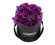 Relaxdays Rosas Artificiales en Caja Negra Redonda, 4 Unidades, Ramo Decorativo, Flower Box, Cartón-Tela-PP, Morado