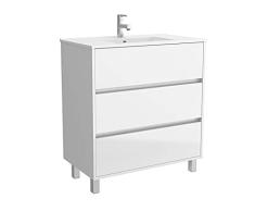 Conjunto Mueble baño 80 cm con Lavabo 100% montado de fábrica | Modelo Arenys color Blanco lacado Brillo a suelo 3 cajones cierre amortiguado con Lavabo porcelana blanca | Tiradores tipo uñero