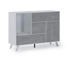 Skraut Home | Aparador para Salón o Comedor | 86 x 120 x 40 cm | Buffet con 1 Puerta + 3 Cajones | Modelo Wind | Madera Resistente | Acabado Blanco/Cemento