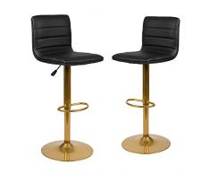 Flash Furniture Vincent - Taburete de Bar Ajustable de Vinilo Negro con Respaldo, Taburete Giratorio de Altura de mostrador con Base de Pedestal Dorado, Juego de 2