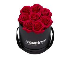 Relaxdays Rosas Artificiales, Caja de Flores Negra, 8 Unidades, Ramo Decorativo, Flower Box, Cartón-Tela-PP, Rojo