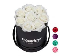 Relaxdays Rosas Artificiales, Caja de Flores Negra, 8 Unidades, Ramo Decorativo, Flower Box, Cartón-Tela-PP, Blanco