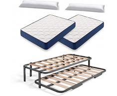 HOGAR24 ES Cama Nido Metálica Reforzada con 6 Patas + 2 Colchones Viscoelásticos Viscorelax + 2 Almohadas de Fibra Tacto Pluma, 105x200 cm