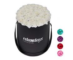Relaxdays Rosas Artificiales en Caja Negra Redonda, 34 Unidades, Ramo Decorativo, Flower Box, Cartón-Tela-PP, Blanco