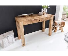 Wohnling Mesa Consola Rustica 120 x 50 x 85 cm Madera Maciza Natural Mango con cajón, Rústico Escritorio Madera Maciza rústico Consola, aparador Piso