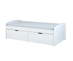 Inter Link Cama con almacenaje hecha de madera maciza de pino blanco con 2 grandes cajones 90 x 200 cm, dormitorio, cama de invitados, cama infantil, cama juvenil