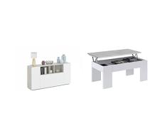 Habitdesign Aparador, Blanco Artik y Gris Cemento, 150 cm x 76 cm x 41 cm & Mesa de Centro Elevable,Color Blanco Artik y Cemento, Medidas: 100 cm (Ancho) x 50 cm (Fondo) x 45-56 cm (Alto)