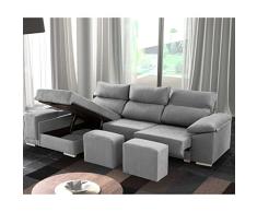 SHIITO - Sofá de 3 Plazas con Chaise Longue Izquierda - 95 x 90/160 x 250 cm - Modelo Kenia - Arcón Interior - Asientos y Cabezales Reclinables - Gris