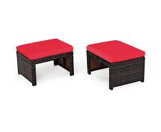 COSTWAY Juego de 2 taburetes de ratán, otomanos de ratán, reposapiés con cojín Suave, Mesa de Rata con Espuma de Alta Densidad, Taburete de jardín, Mesa de jardín para terraza, jardín, Piscina (Rojo)