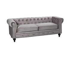 DRW Sofá chéster de 3 plazas de Terciopelo y Patas de Madera con 2 Cojines en Beige 197x77x70cm