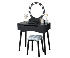 COSTWAY Tocador con iluminación LED, Mesa de Maquillaje, tocador de Madera, tocador, tocador con Espejo Iluminado y Taburete, con 2 cajones (Negro)