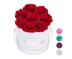 Relaxdays Rosas Artificiales, Caja de Flores Blanca, 8 Unidades, Ramo Decorativo, Flower box, Cartón-Tela-PP, Rojo