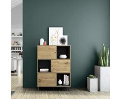 Mc Haus KUMA - Estanteria Madera Natural y Negro, Librería de pared Salón Comedor Dormitorio de diseño Nórdico con 3 estantes para almacenaje y 3 puertas 100x40x135cm