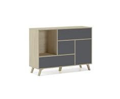 Skraut Home | Aparador para Salón o Comedor | 86 x 120 x 40 cm | Buffet con 1 Puerta + 3 Cajones | Modelo Wind | Madera Resistente | Acabado Roble/Gris