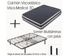 HOGAR24 ES SOMIER MULTILÁMINAS con REGULACIÓN Lumbar Y 4 Patas DE 32CM + COLCHÓN VISCOELÁSTICO Doble Cara VISCO-MEDICOT 3D-90x200cm